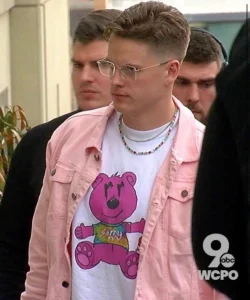 Joe Burrow wears Sorry in Advance's pink bear shirt with pink denim jacket  in Kansas City