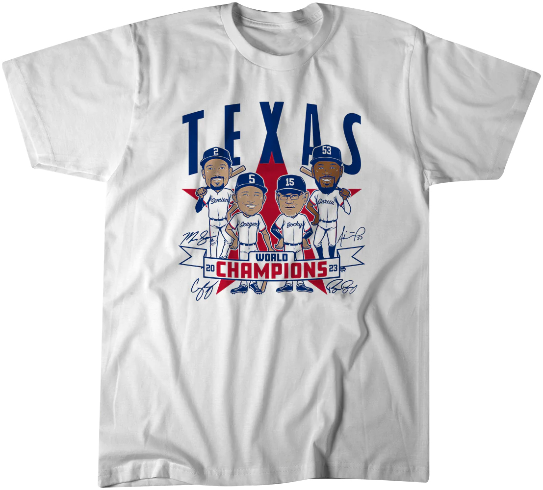 WORLD CHAMPIONS CARICATURES SHIRT 2023 World Series Champions, Bombi, Boch, Seags, Simmy, Texas Rangers WORLD CHAMPIONS CARICATURES SHIRT 2023 World Series Champions, Bombi, Boch, Seags, Simmy, Texas Rangers