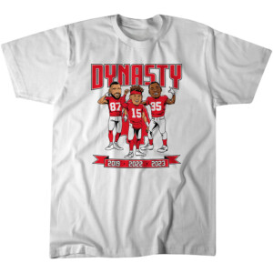 CHIEFS 2023 WORLD CHAMPS DYNASTY CARICATURES SHIRT Patrick Mahomes, Chris Jones, Travis Kelce, 2023 AFC Champions, Kansas City Chiefs