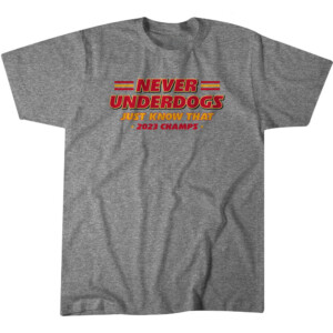 NEVER UNDERDOGS JUST KNOW THAT 2023 CHAMPS SHIRT Patrick Mahomes, Super Bowl LVIII Champions , Kansas City Chiefs