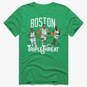 BOSTON TRIPBLE THREAT SHIRT Jayson Tatum, Jaylen Brown and Jrue Holiday, Boston Celtics