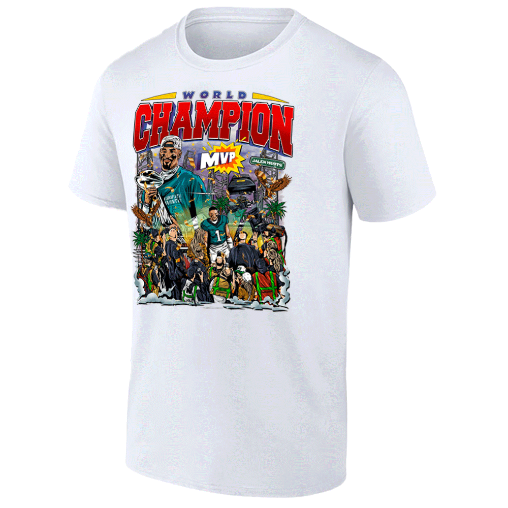 WOLRD CHAMPION MVP SHIRT Jalen Hurts, Super Bowl LIX Champions, Philadelphia Eagles WOLRD CHAMPION MVP SHIRT Jalen Hurts, Super Bowl LIX Champions, Philadelphia Eagles