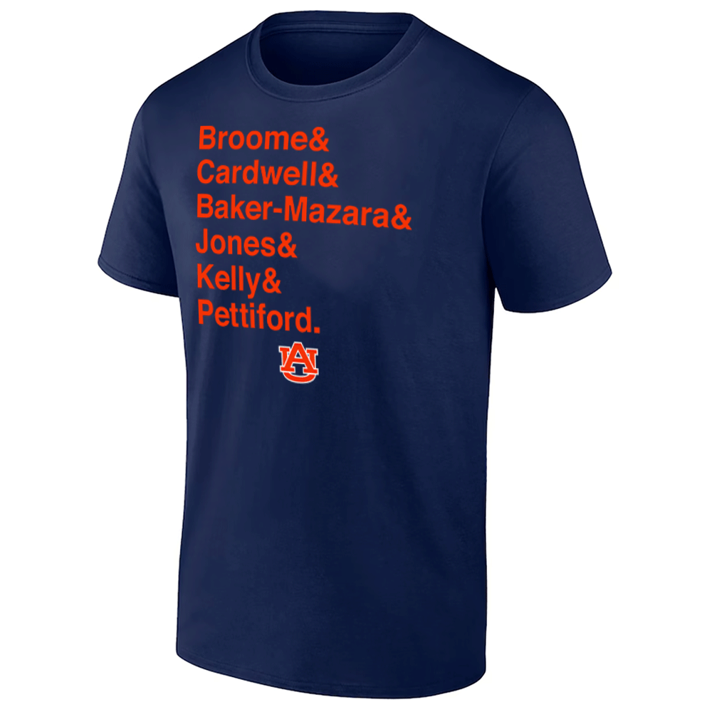 BROOME & CARDWELL & BAKER-MAZARA & JONES & KELLY & PETTIFORD SHIRT NCAA Men's Basketball Final Four Champions, Auburn Tigers BROOME & CARDWELL & BAKER MAZARA & JONES & KELLY & PETTIFORD SHIRT NCAA Men's Basketball Final Four Champions, Auburn Tigers