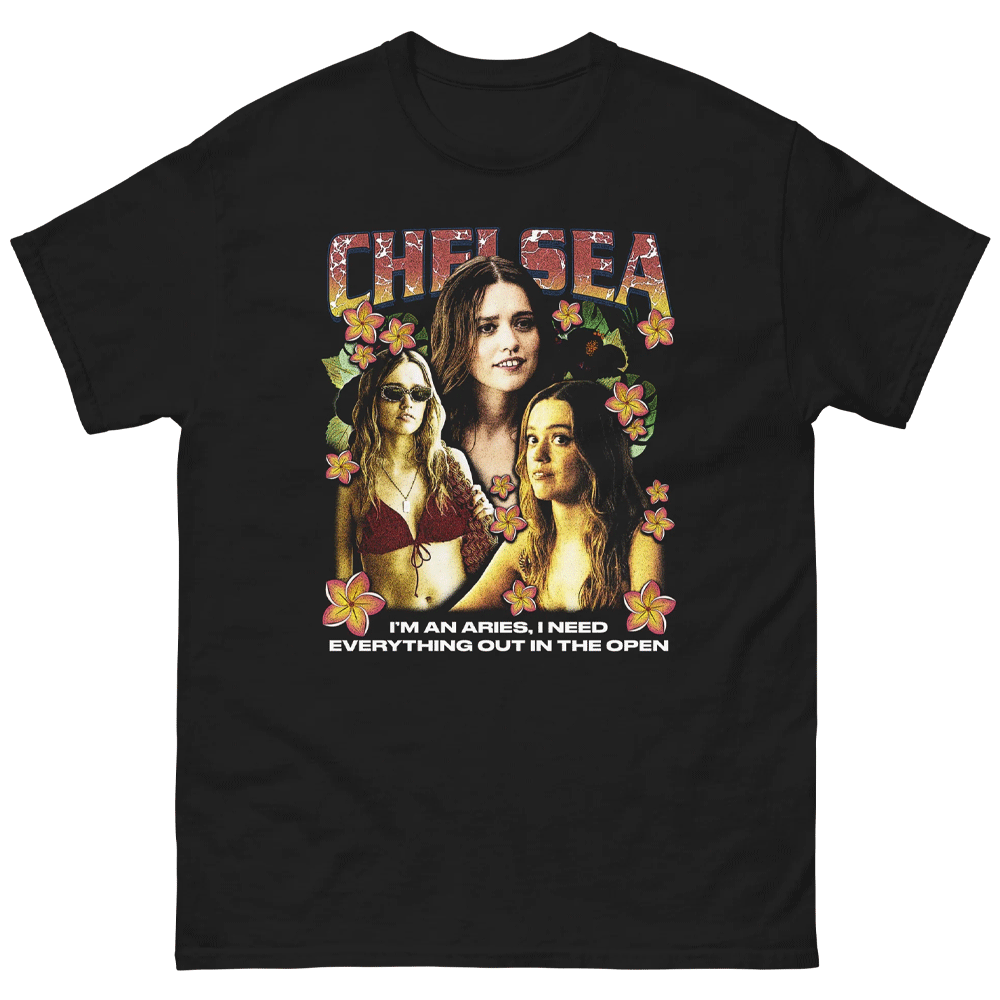 CHELSEA - I'M AN ARIES, I NEED EVERYTHING OUT IN THE OPEN SHIRT Chelsea Rap Tee, The White Lotus, Aimee Lou Wood CHELSEA I'M AN ARIES, I NEED EVERYTHING OUT IN THE OPEN SHIRT Chelsea Rap Tee, The White Lotus, Aimee Lou Wood