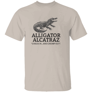 ALLIGATOR ALCATRAZ CHECK IN...AND CHOMP OUT SHIRT Florida Swamp Parody Tee Political Satire Protest Apparel S