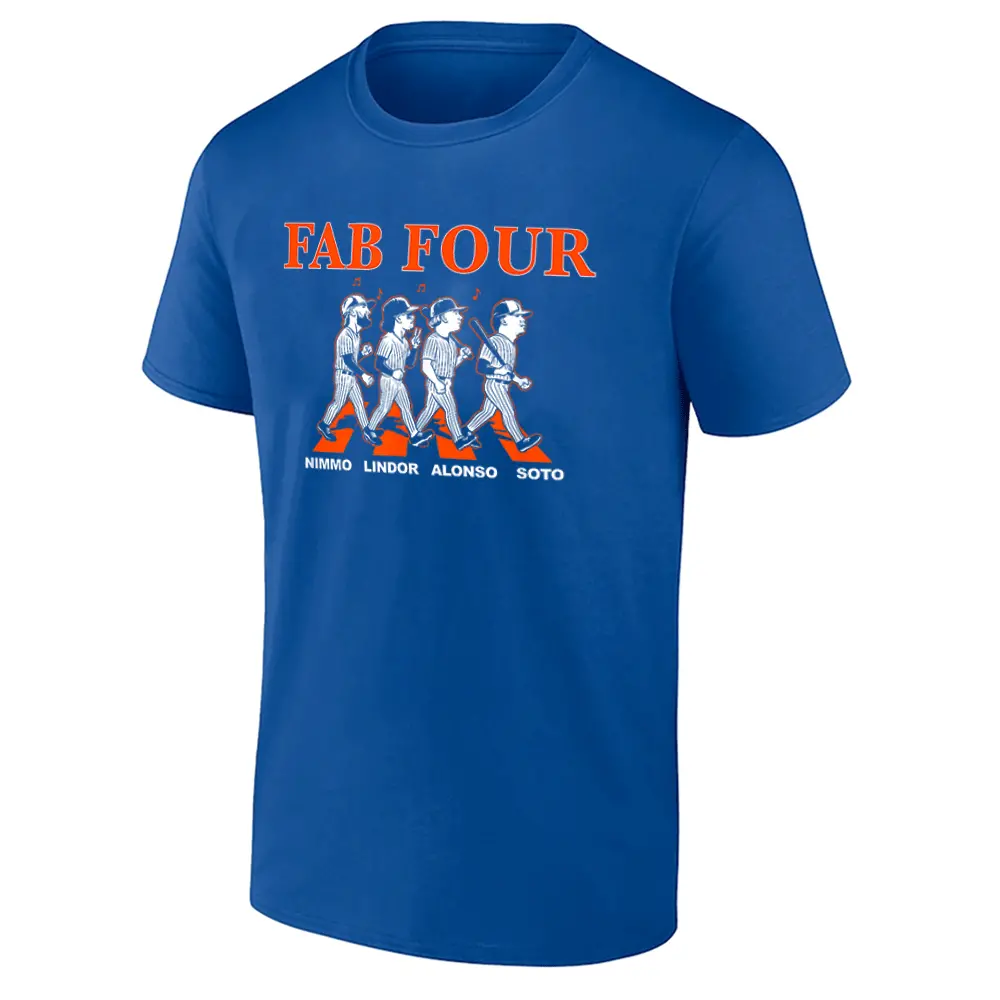 FAB FOUR ALBUM SHIRT Abbey Road Style - Lindor, Soto, Alonso & Nimmo Tee - New York Mets Elite Lineup Apparel FAB FOUR ALBUM SHIRT Abbey Road Style Lindor, Soto, Alonso & Nimmo Tee New York Mets Elite Lineup Apparel