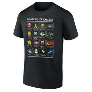 WEAPONS OF CHOICE POSTER SHIRT Retro Mario Kart Item Tee Gamer Humor & Racing Nostalgia B