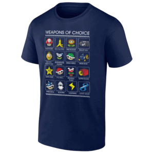 WEAPONS OF CHOICE POSTER SHIRT Retro Mario Kart Item Tee Gamer Humor & Racing Nostalgia N