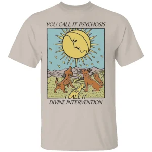 YOU CALL IT PSYCHOSIS I CALL IT DIVINE INTERVENTION SHIRT Surreal Sun & Dogs Graphic Tee – Spiritual Humor Aesthetic Shirt S