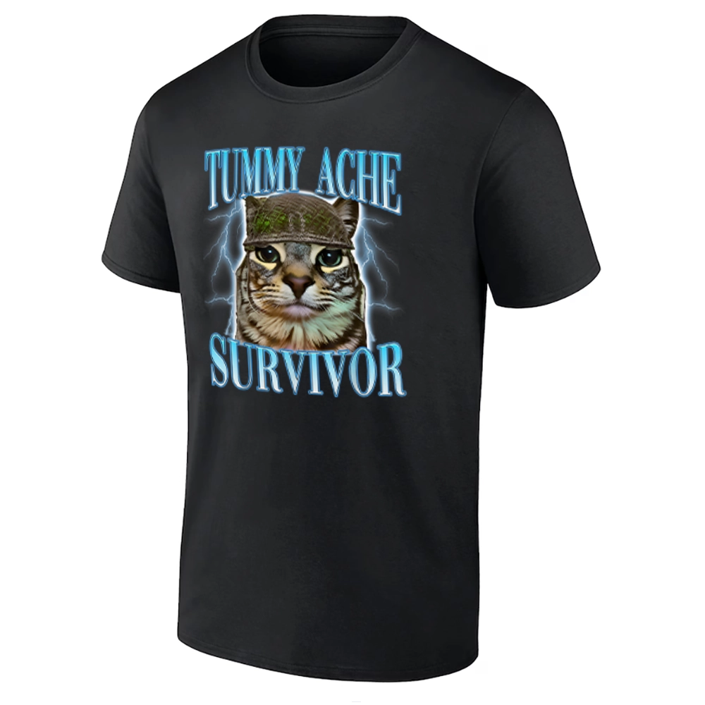 TUMMY ACHE SURVIVOR SHIRT Funny Cat Meme 'Tummy Ache Survivor' Tee B TUMMY ACHE SURVIVOR SHIRT Funny Cat Meme 'Tummy Ache Survivor' Tee B