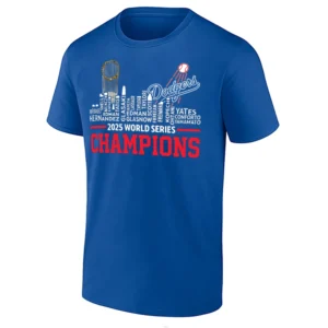 2025 WS CHAMPIONS CITY SKYLINE TEAM ROSTER SHIRT – Los Angeles Dodgers Tee