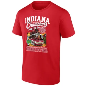 BACK HOME AGAIN IN INDIANA SHIRT – Indiana Hoosiers 2025 National Champions Bus Celebration Tee
