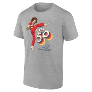 SALLY O’MALLEY I’M 50 I LIKE TO KICK, STRETCH, AND KICK SHIRT – 50th Birthday Comedy Classic Tee G