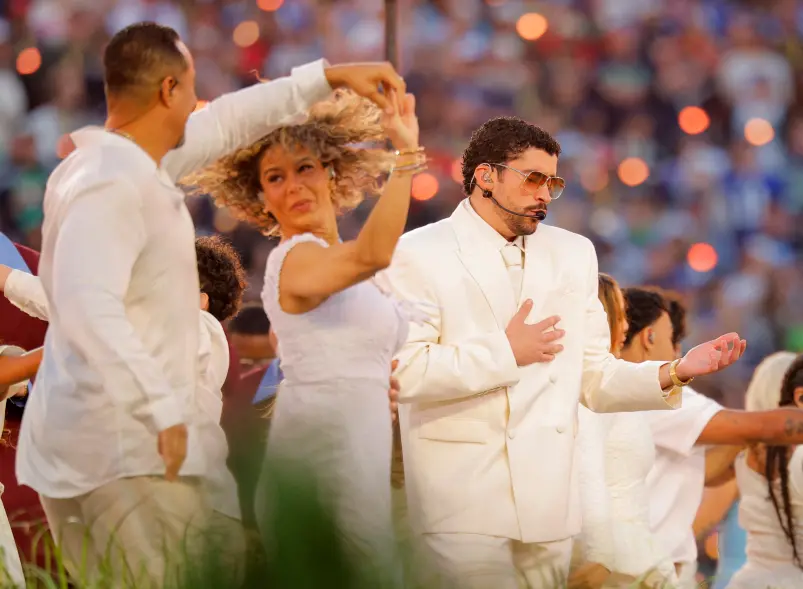 Later in his performance, Bad Bunny swapped his jersey for a double-breasted suit.