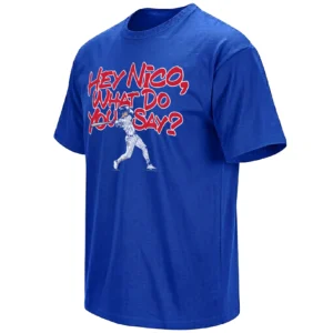 HEY NICO, WHAT DO YOU SAY SHIRT – Nico Hoerner Chicago Cubs Clutch Moment Baseball Fan Tee