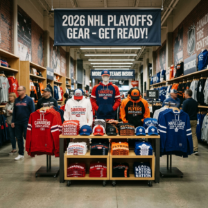 Display of NHL 2026 playoffs hoodies, hats, and apparel for Canadiens, Flyers, and Maple Leafs