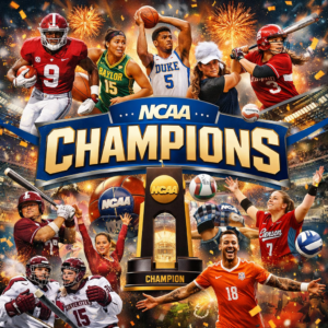 Collegiate athletes from football, basketball, baseball, volleyball, lacrosse, and soccer celebrating NCAA championship victories with trophy and fireworks.