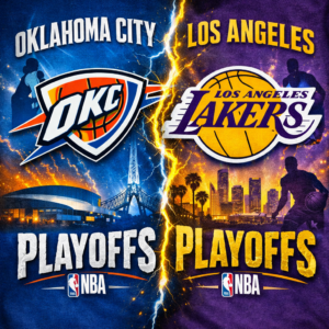 OKC Thunder and Los Angeles Lakers NBA playoffs matchup graphic