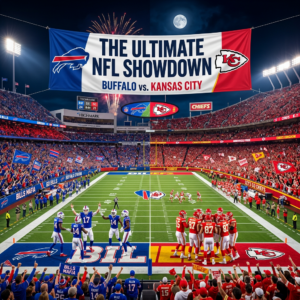 Buffalo Bills and Kansas City Chiefs players on the field with fans cheering in a stadium at night