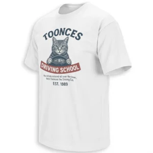 TOONCES DRIVING SCHOOL SHIRT – Est. 1989 Retro Cat Comedy Tee