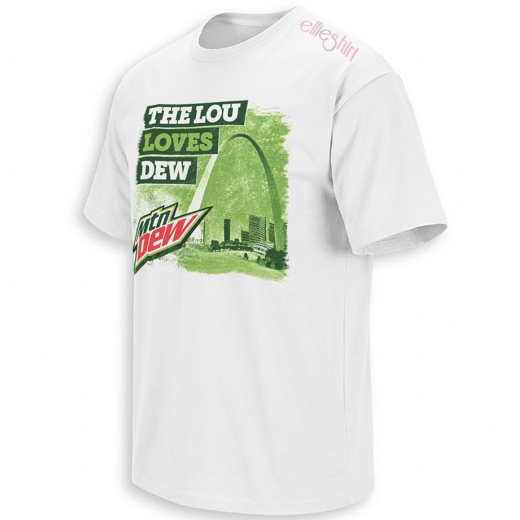 The Lou Loves Dew St. Louis graphic with the Gateway Arch, downtown skyline and distressed green soda advertising style