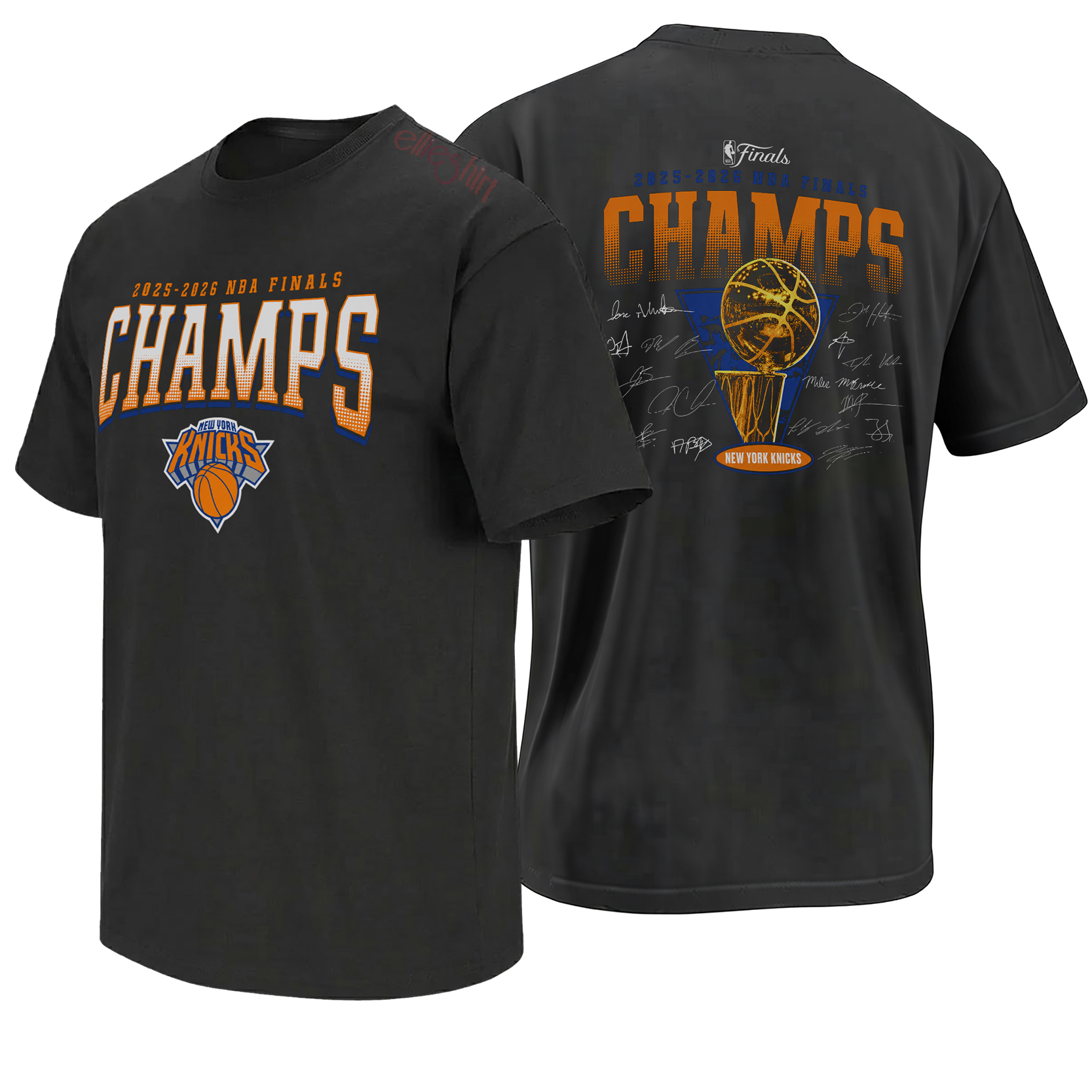 Front and back view of the 2026 NBA Finals Champs Shirt with Knicks logo, gold trophy and roster-style signatures