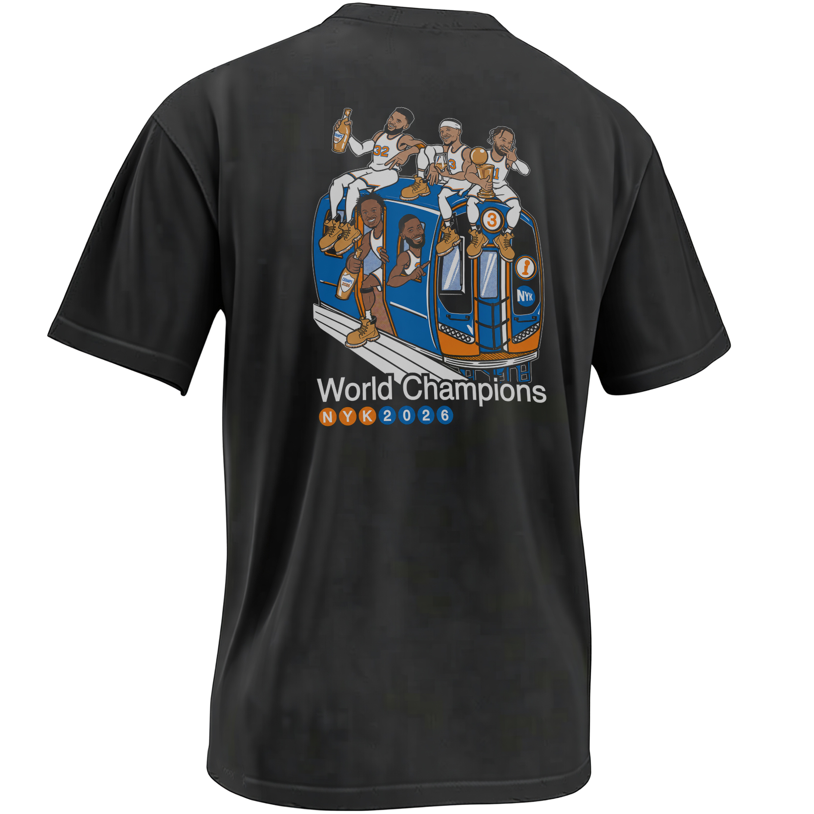 Back of the World Champions Subway Shirt showing the Knicks 2026 championship core celebrating on a New York subway train