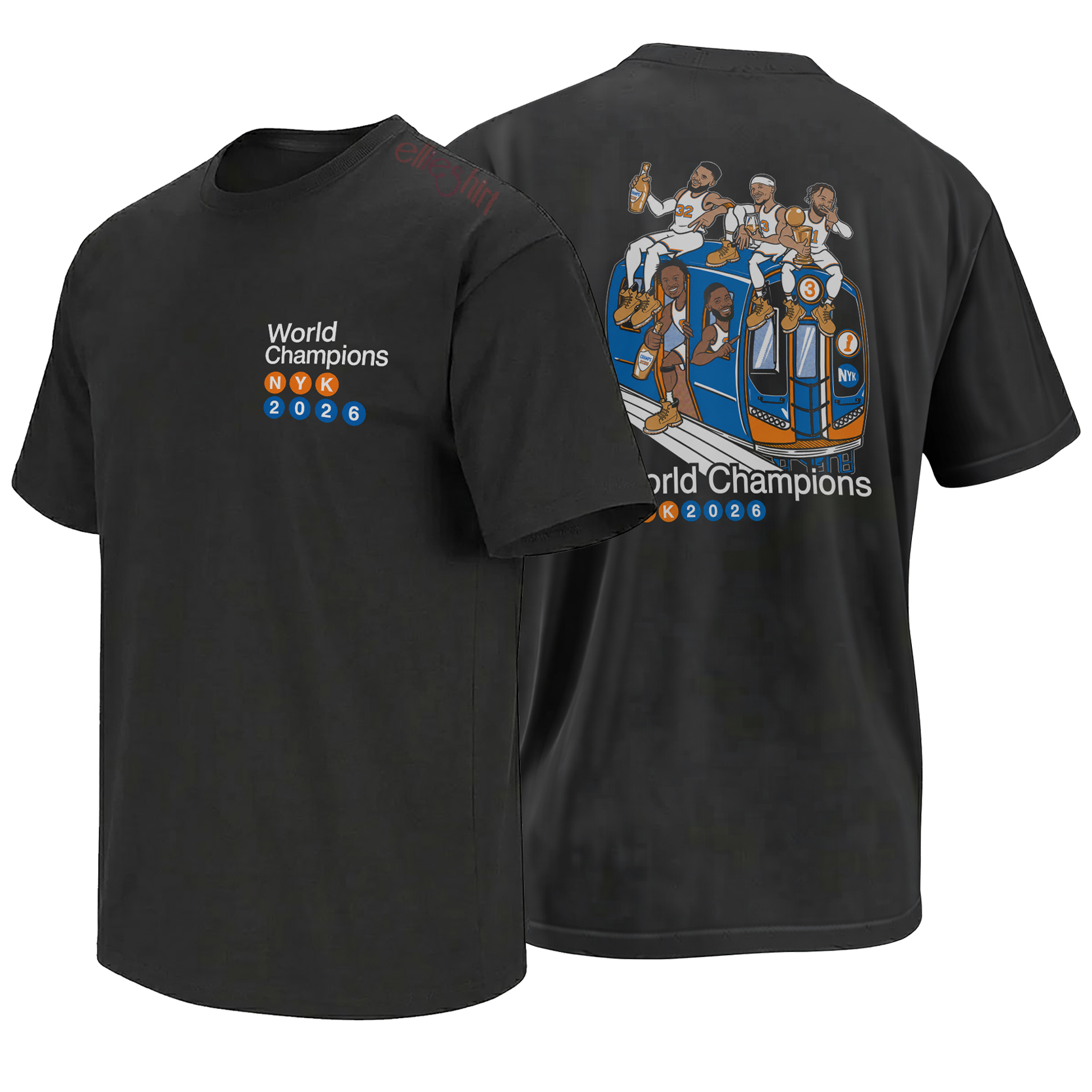 Front and back view of the World Champions Subway Shirt with an NYK 2026 chest mark and the Knicks championship roster riding a New York train