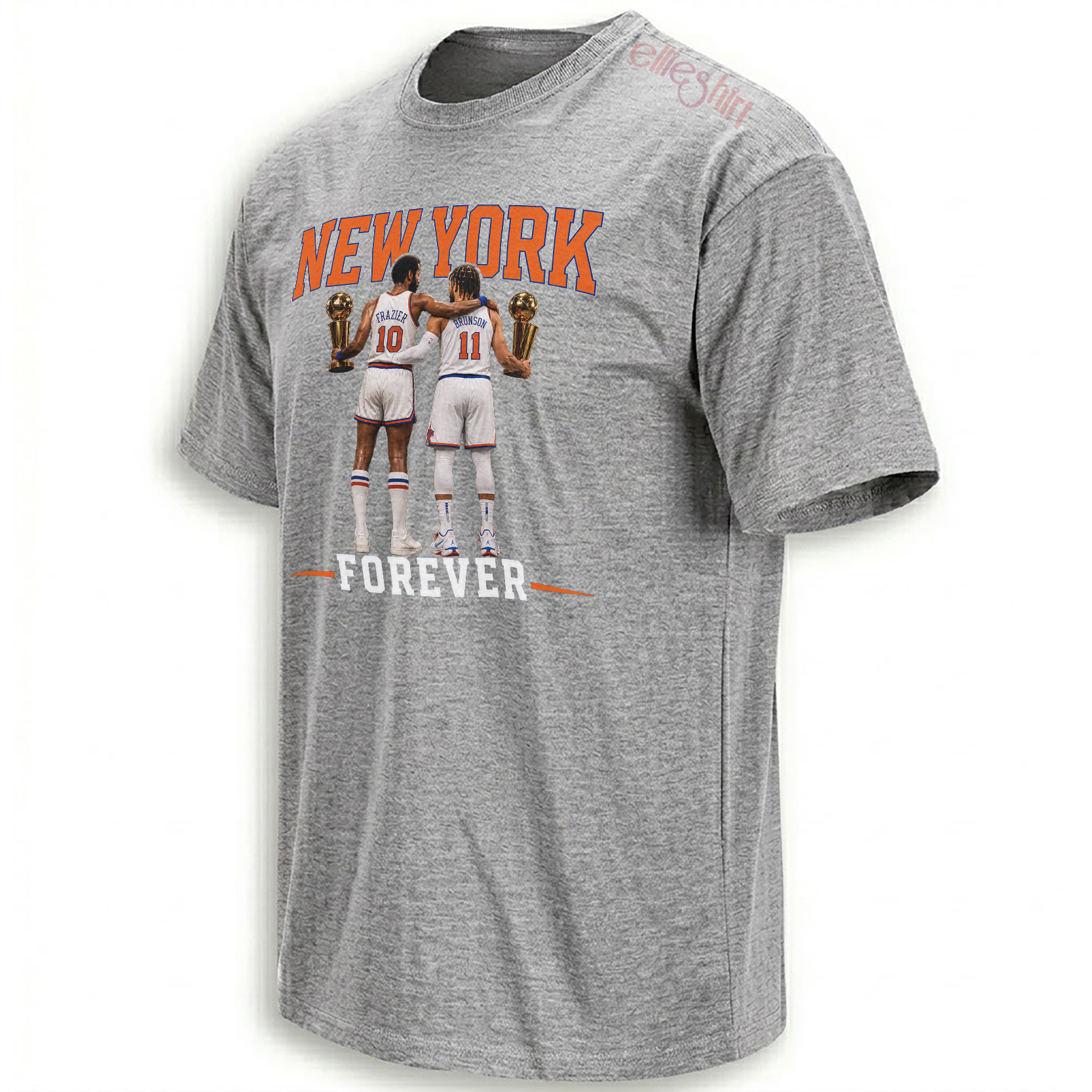 Sport grey New York Forever shirt featuring Walt Frazier and Jalen Brunson with New York Knicks championship trophies