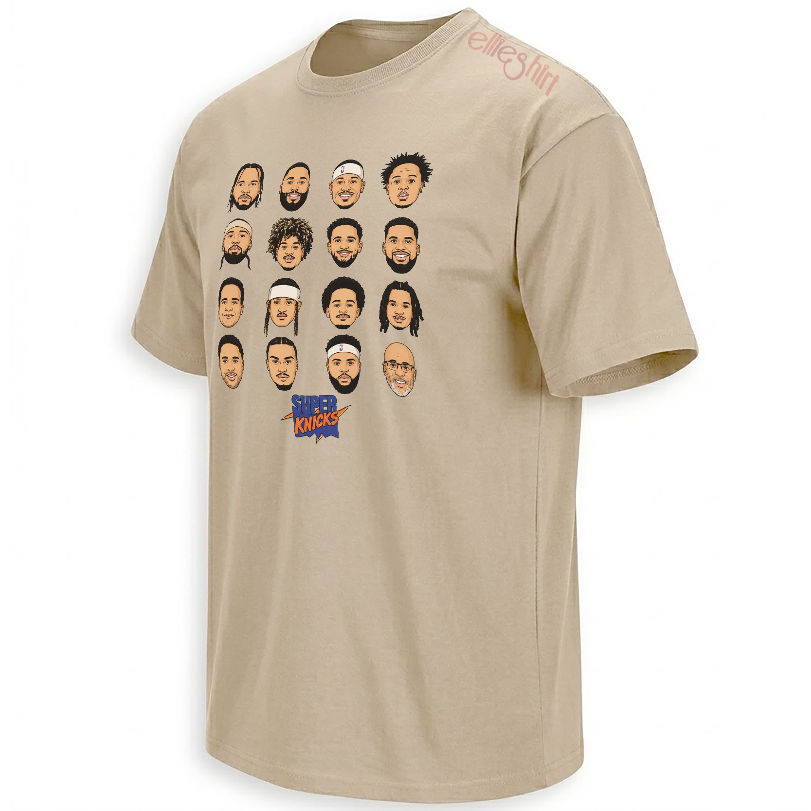 Super Knicks 2026 Finals roster caricature tee sand color as a New York fan artifact