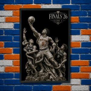 Colorful poster template on a white brick wall