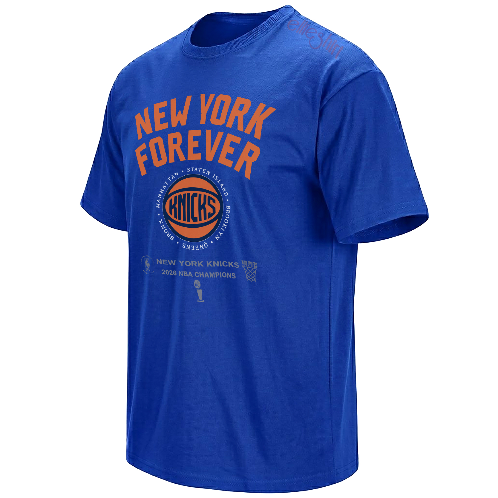 Royal blue New York Forever Shirt with Knicks basketball emblem surrounded by Manhattan, Staten Island, Brooklyn, Queens and The Bronx