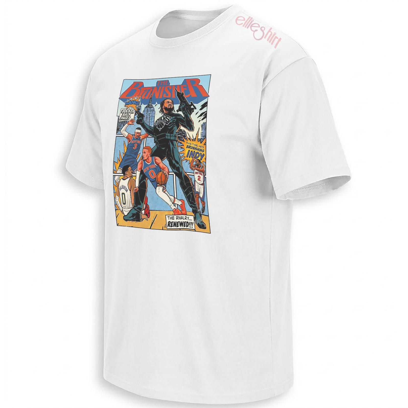 THE BRUNISHER SHIRT – Jalen Brunson New York Knicks Comic Rivalry Tee W THE BRUNISHER SHIRT – Jalen Brunson New York Knicks Comic Rivalry Tee W