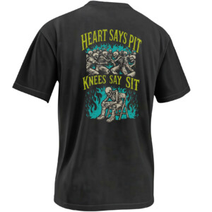 HEART SAYS PIT KNEES SAY SIT SHIRT – Skeleton Mosh Pit Concert Tee