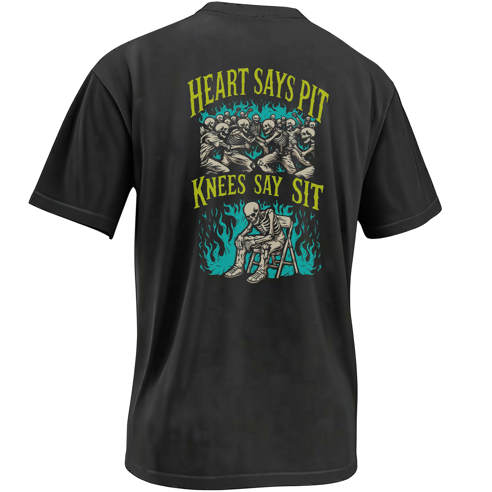 Heart Says Pit Knees Say Sit back graphic with a skeleton mosh pit, seated skeleton and turquoise flames