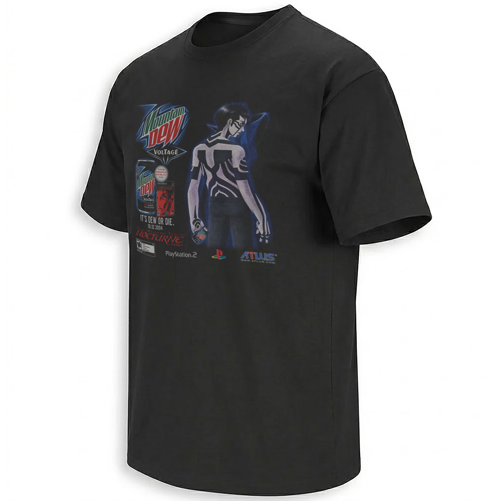 Mountain Dew Nocturne parody graphic featuring Demi-Fiend from Shin Megami Tensei III in retro gaming-ad style