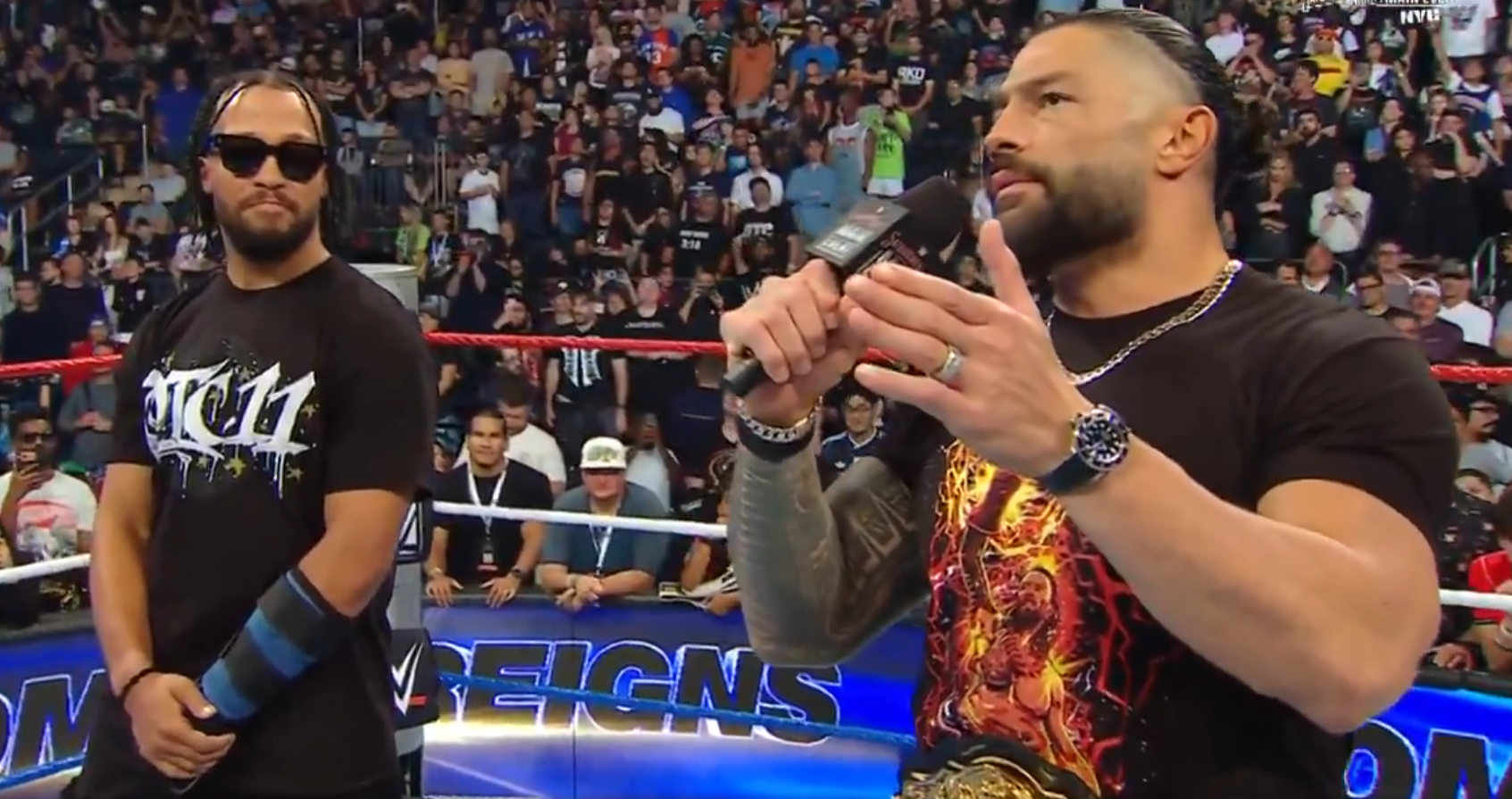 Jalen Brunson and Roman Reigns together during WWE Saturday Night's Main Event at Madison Square Garden