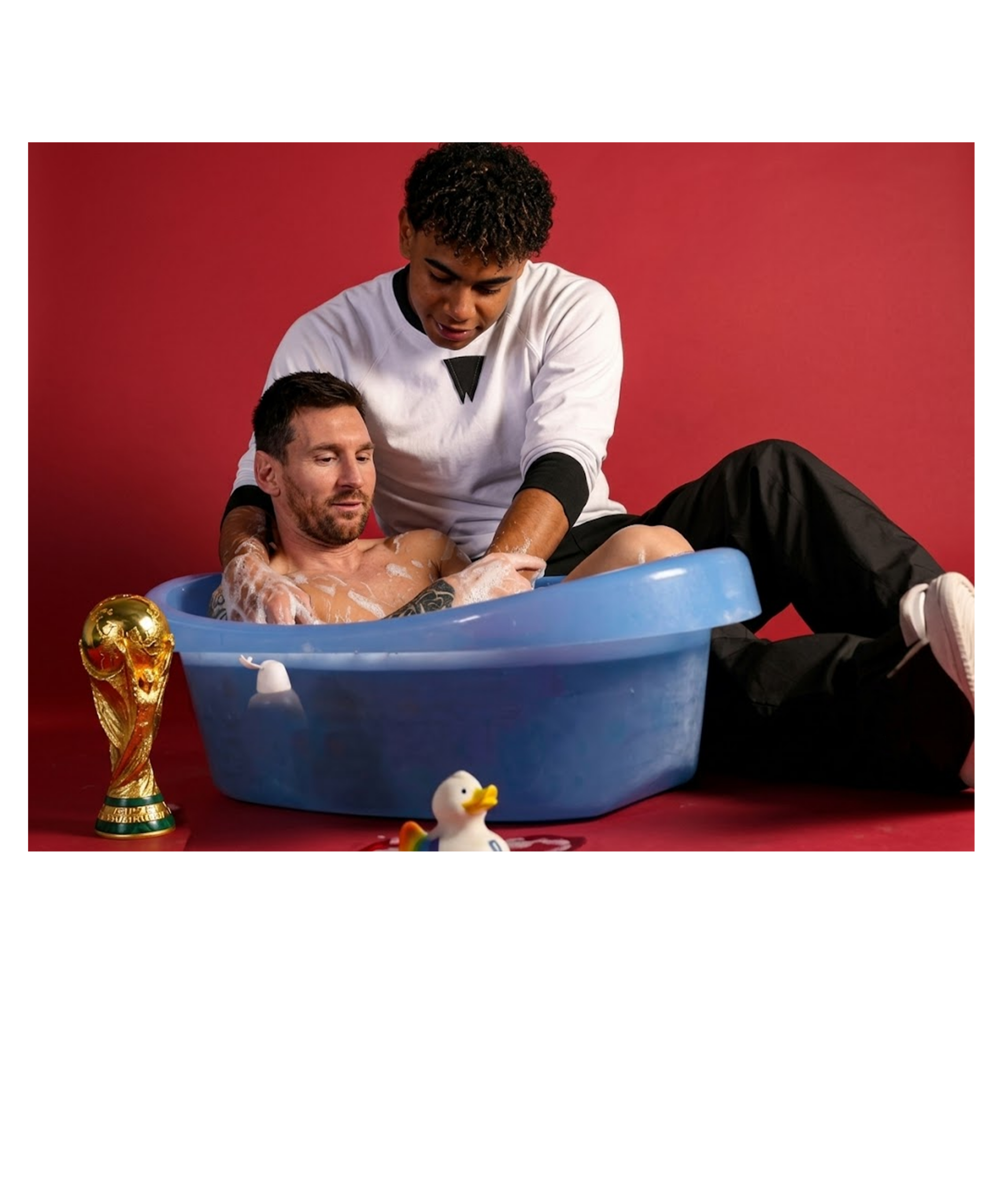 Parody meme reversing the 2007 photograph with Lamine Yamal bathing Lionel Messi after Spain's 2026 World Cup victory