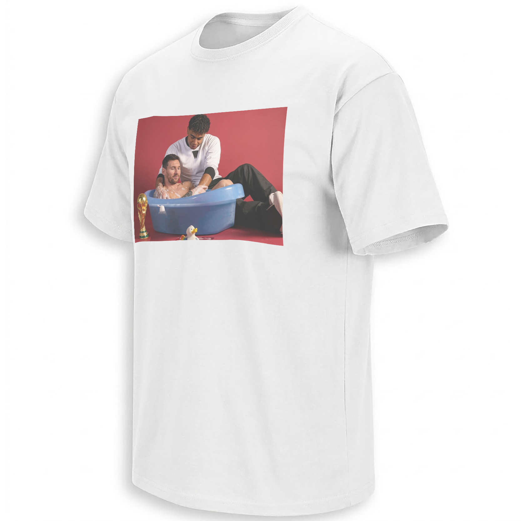 White Lamine Yamal Bathes Messi Shirt inspired by Spain's 2026 World Cup victory and the reversed 2007 bath photo meme