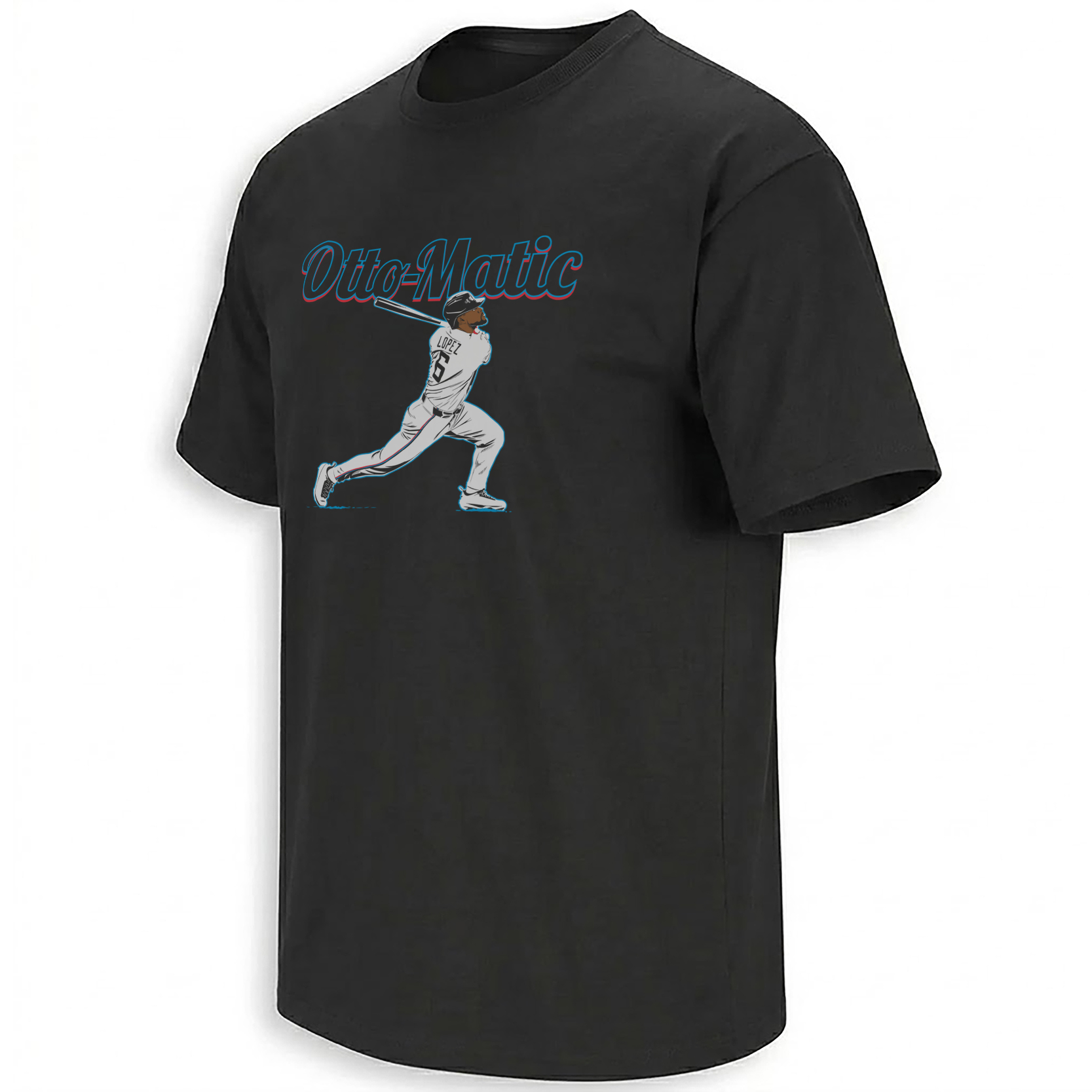 Otto-Matic Otto Lopez Miami Marlins All-Star swing graphic with mechanical lettering and Miami color accents
