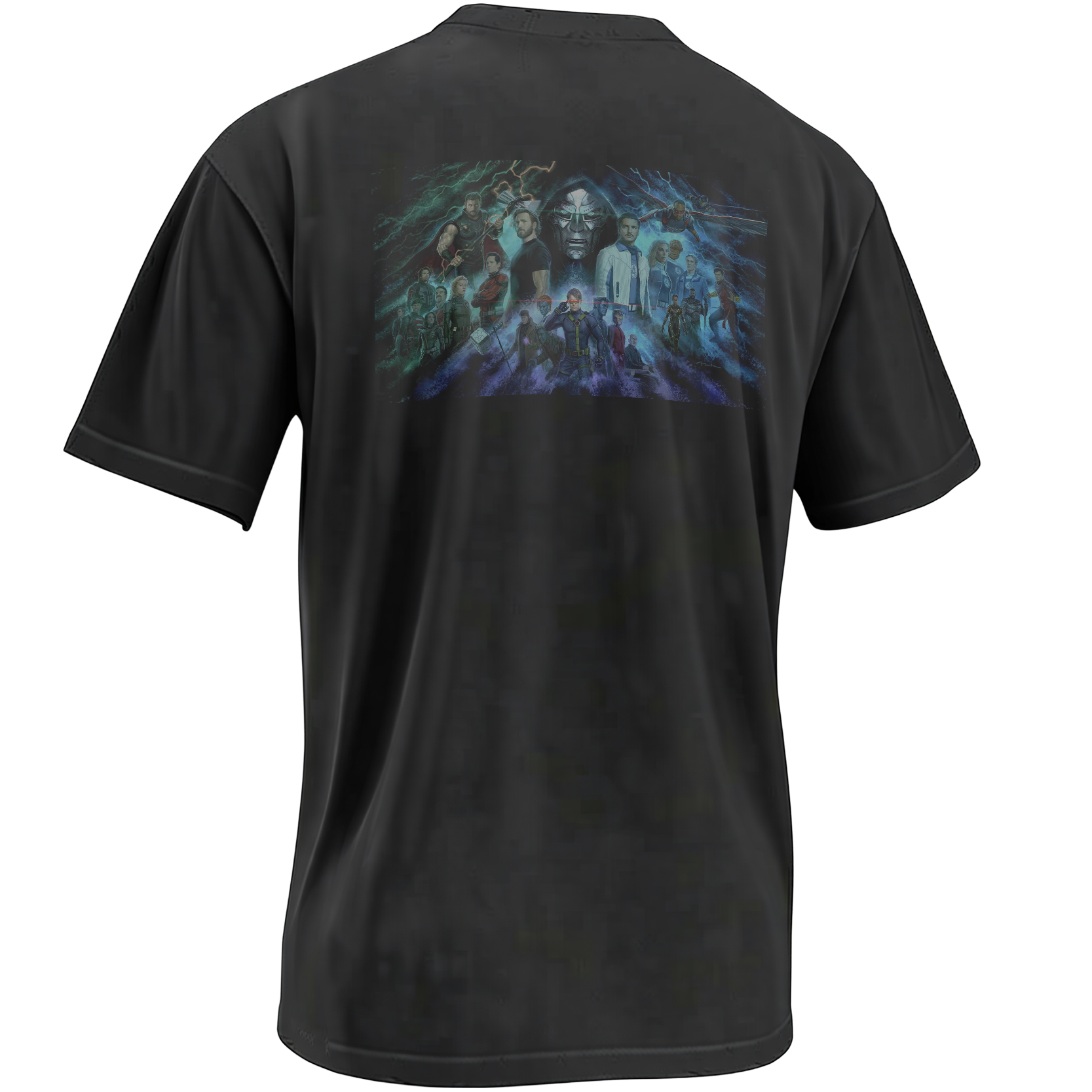 Back of the Avengers Doomsday multiverse character collage shirt