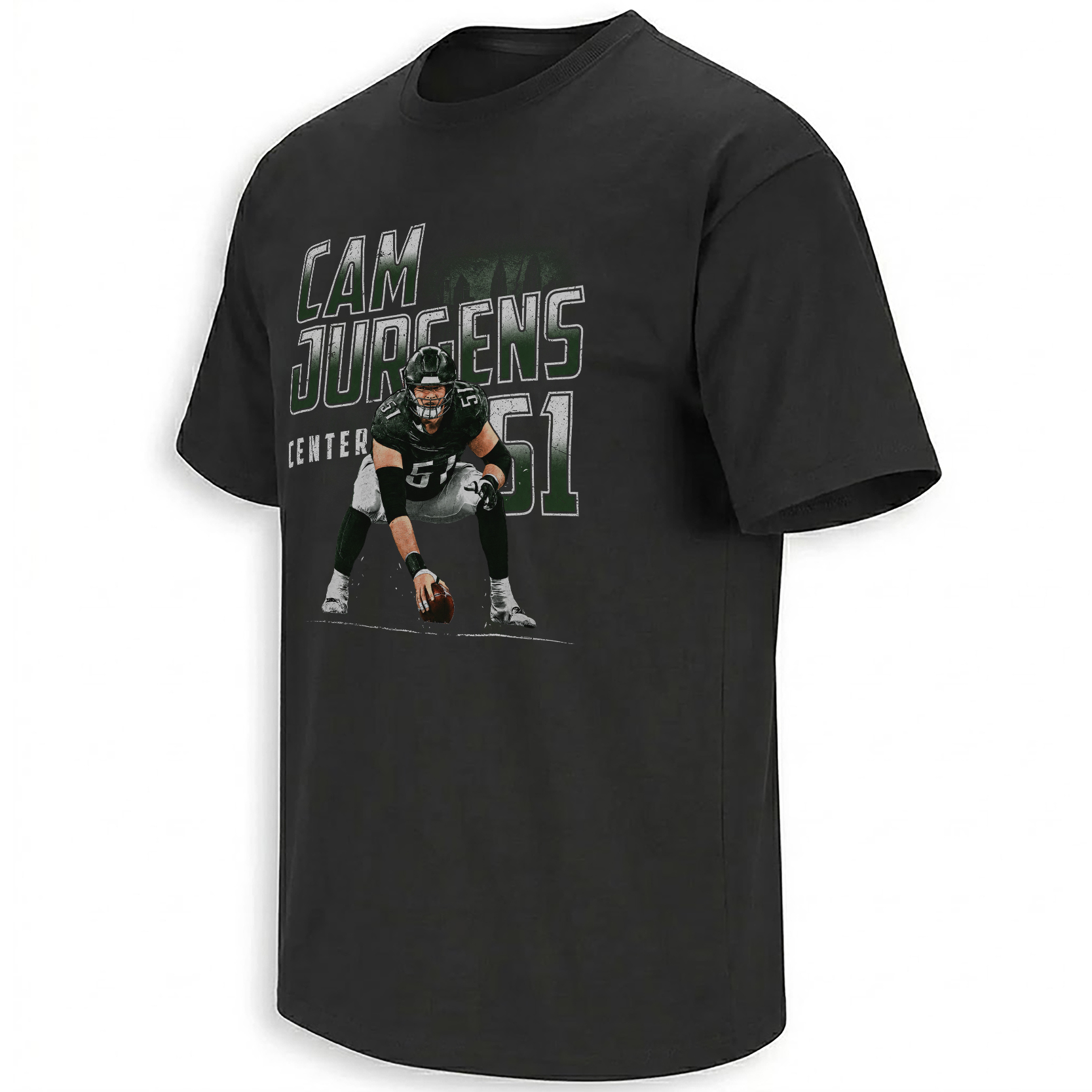 Cam Jurgens Shirt Philadelphia Eagles Center 51 back graphic with crouched pre-snap stance
