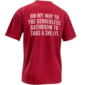 ON MY WAY TO THE GENDERLESS BATHROOM TO TAKE A SHEIT SHIRT – Funny Pronoun Pun Back Print Tee