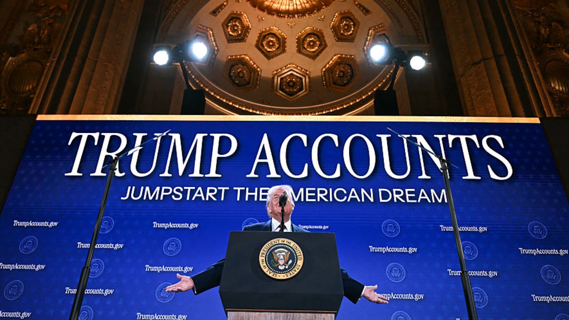 Donald Trump speaking during a public moment as Trump Account for Kids searches rise across parent and political culture