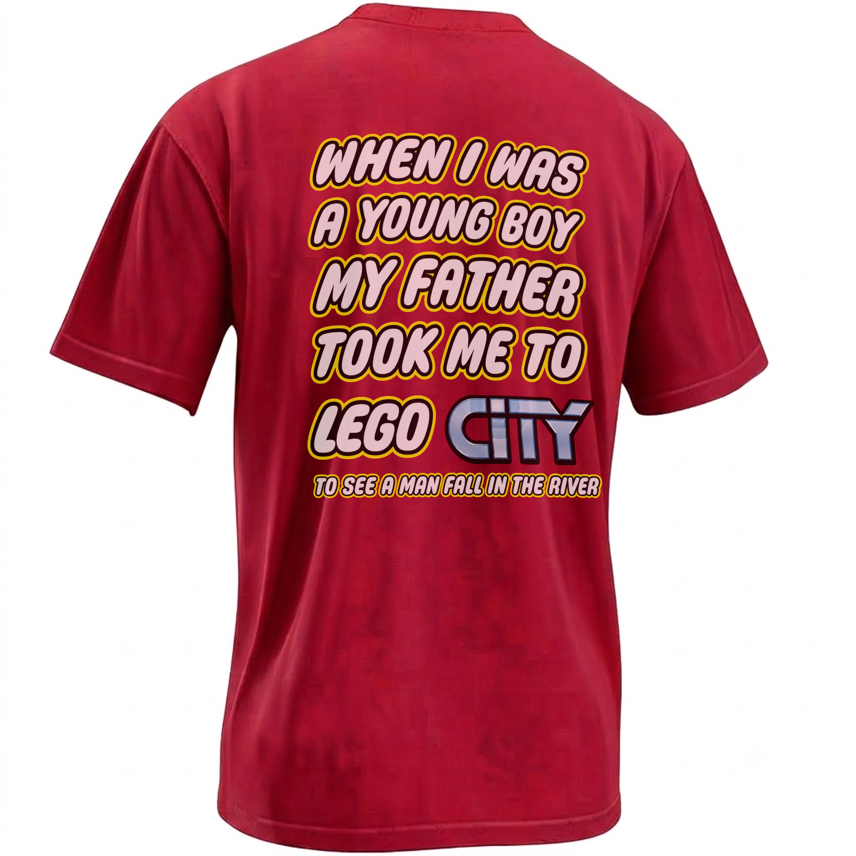 When I Was a Young Boy My Father Took Me to LEGO City shirt combining a Black Parade lyric with the man-in-the-river meme