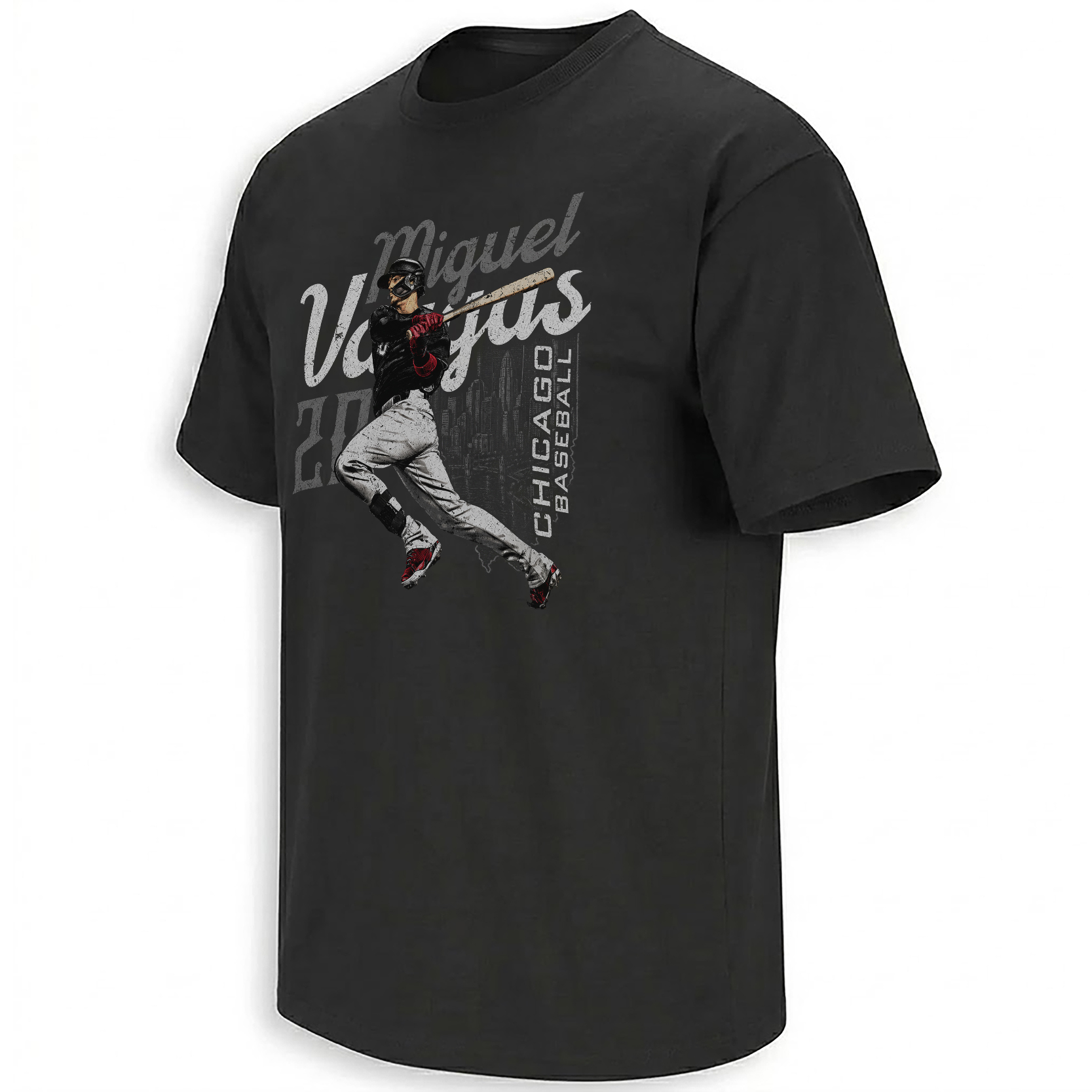 Miguel Vargas Chicago White Sox city swing graphic with South Side skyline and monochrome baseball styling