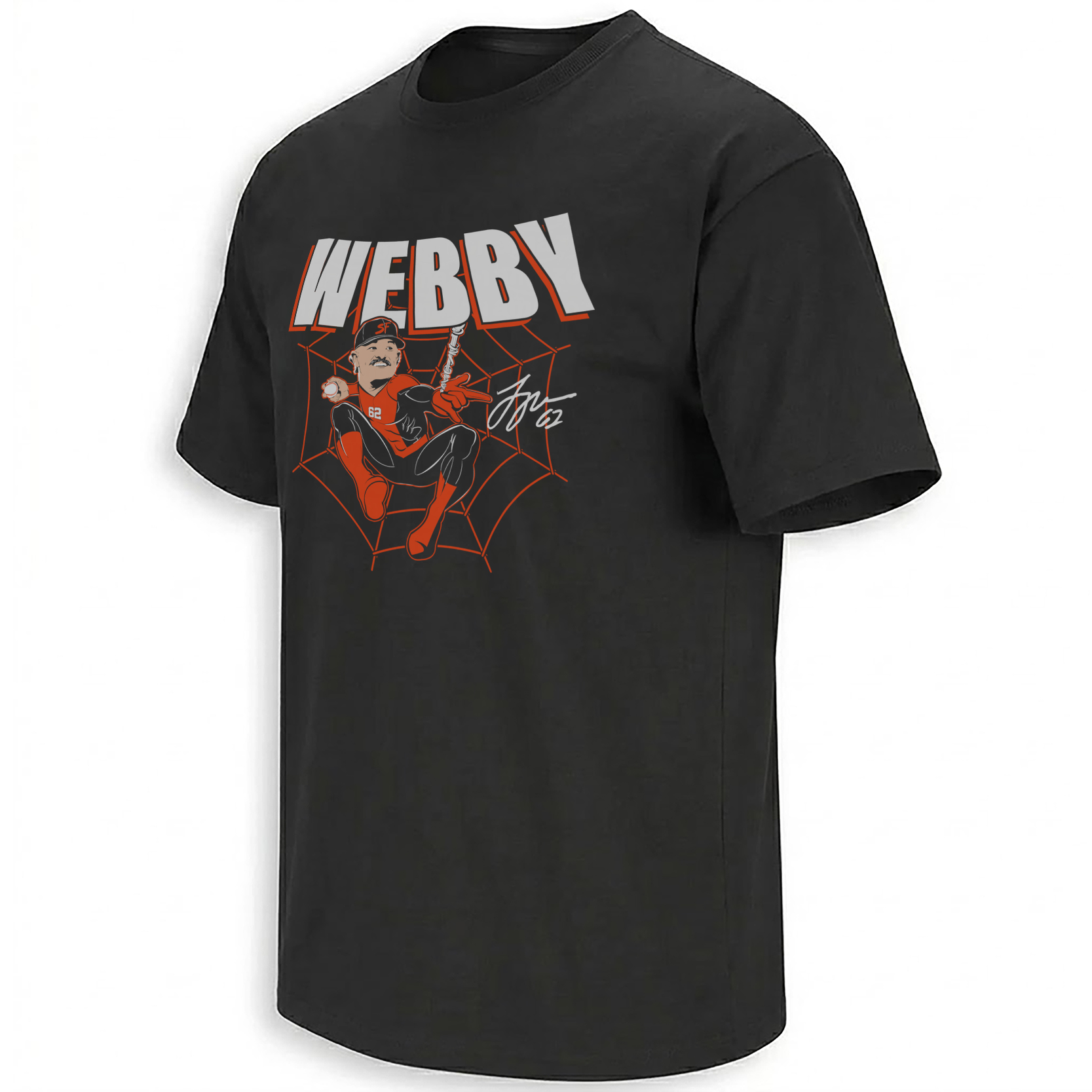 Webby Man Logan Webb San Francisco Giants spider-web pitching graphic with orange comic-book artwork