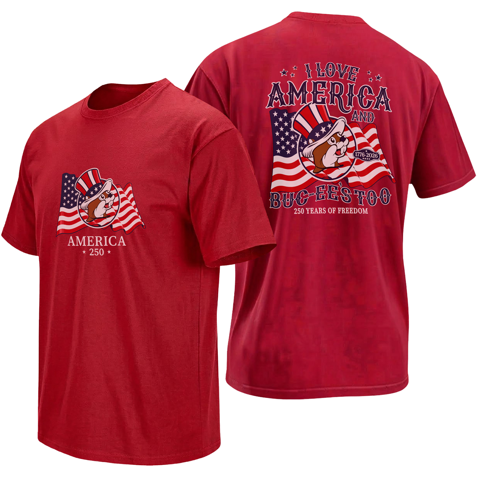Red Buc-ee’s America 250 front and back shirt featuring American flags, an Uncle Sam hat and 1776–2026 artwork