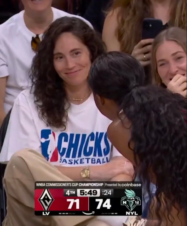Sue Bird wearing the Chicks Basketball shirt courtside during the 2026 WNBA Commissioner’s Cup Championship