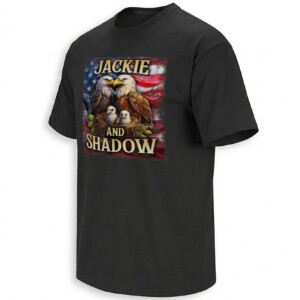 JACKIE AND SHADOW SHIRT – Big Bear Bald Eagle Family American Flag Tee B